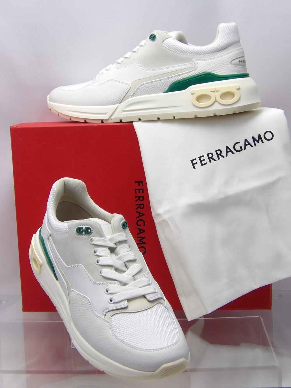 NIB FERRAGAMO COSMA LOW WHITE LEATHER GANCINI MESH LACE SNEAKERS 9 M ITALY